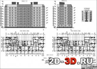 План первого этажа, план типового этажа, фасад 1-23, И-А, экспликация помещений, узел 1