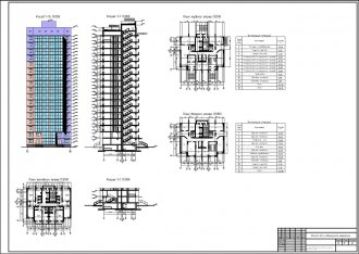 Фасад. Разрез 1-1.Разрез 2-2.План типового этажа. План 1-го этажа. План 2-го этажа