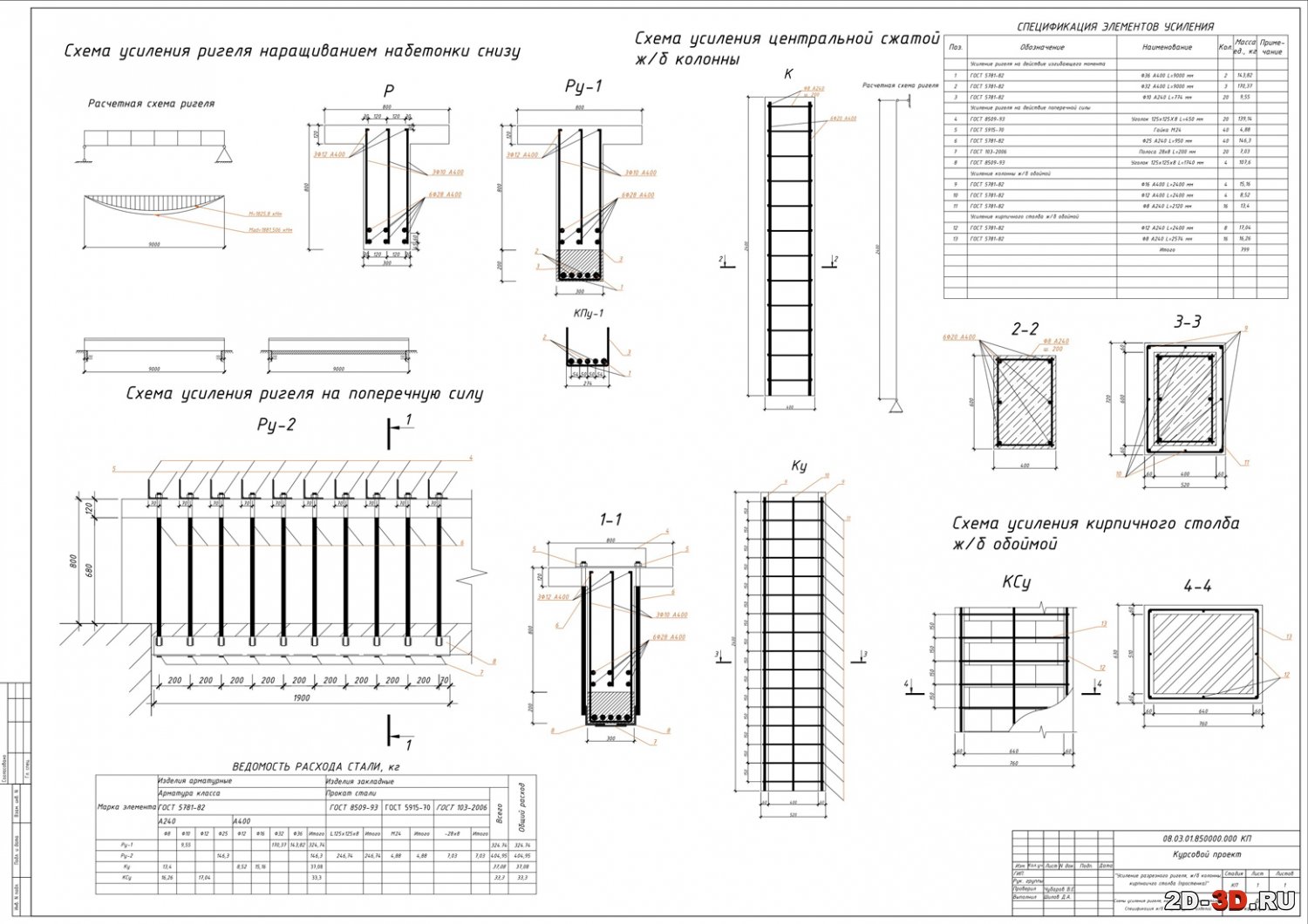 Усиление разрезного ригеля, железобетонной колонны, кирпичного столба  (простенка) курсовой проект со схемами и расчетами